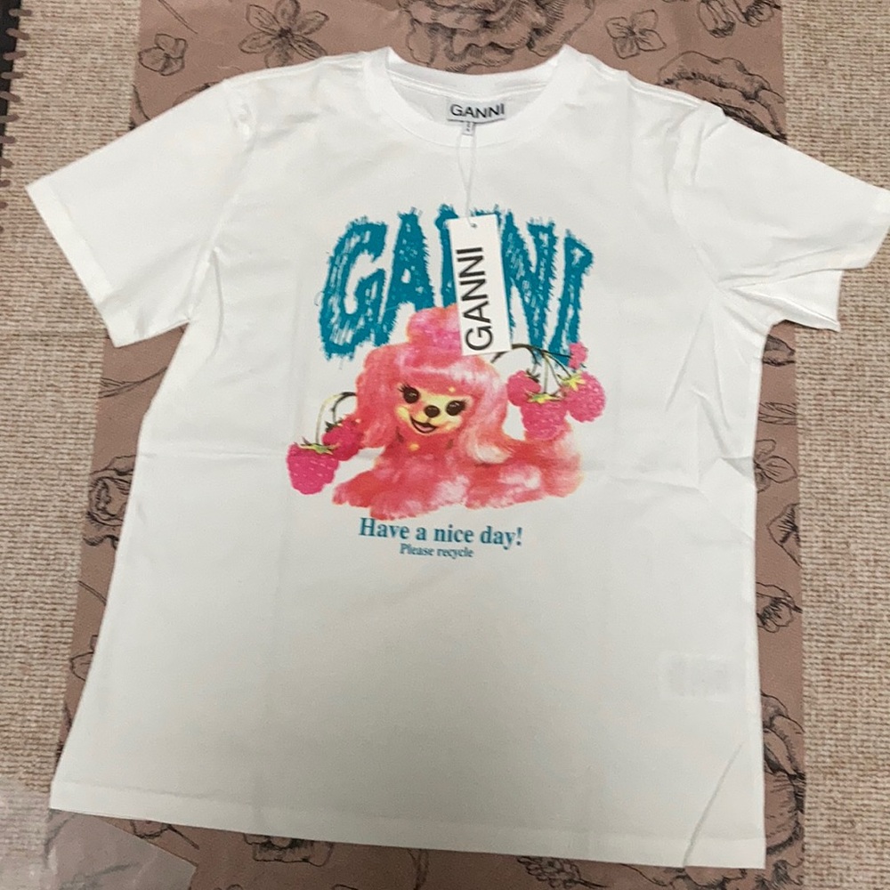 Ganni Trendy Pink Poodle Raspberry Graphic Tee White Designer Summer T-shirt